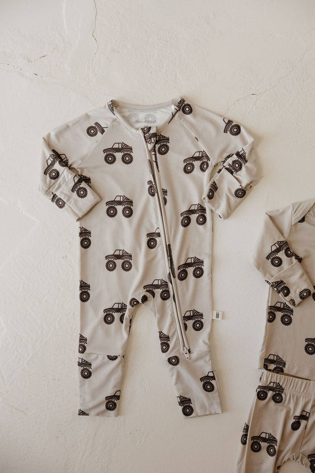 Forever French Baby Bamboo Zip Pajamas || Monster Truck