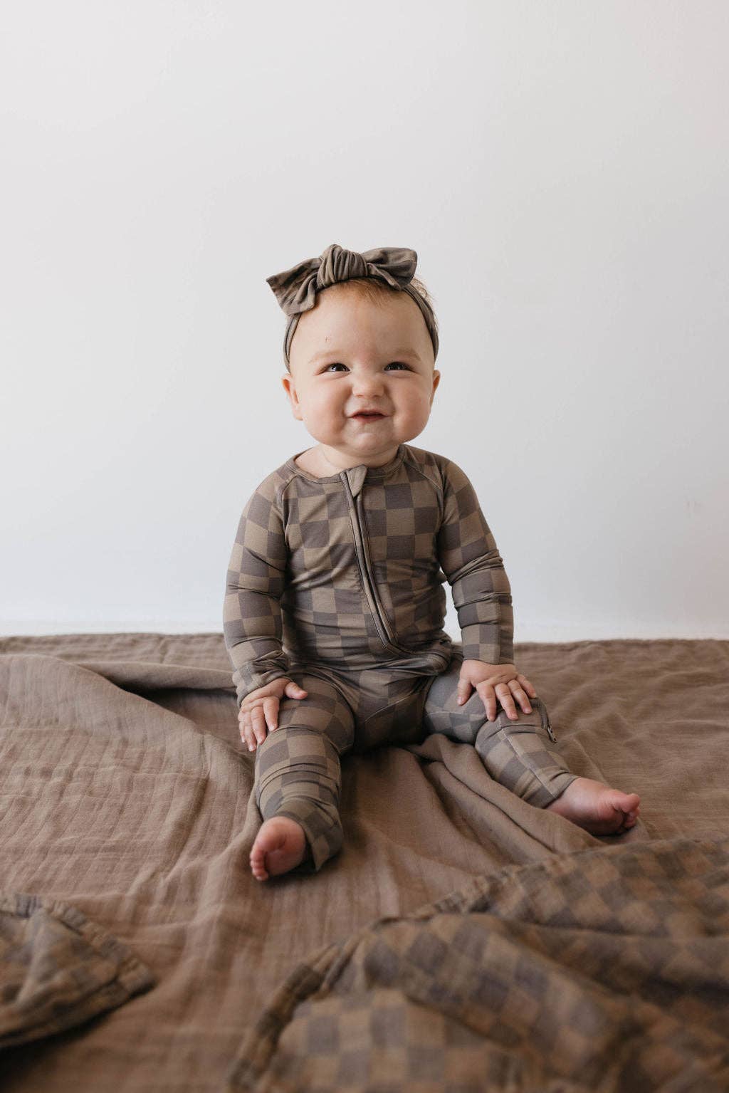 Forever French Baby Bamboo Zip Pajamas || Faded Brown Checkerboard