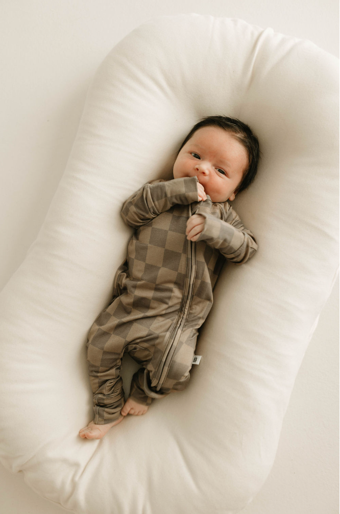 Forever French Baby Bamboo Zip Pajamas || Faded Brown Checkerboard