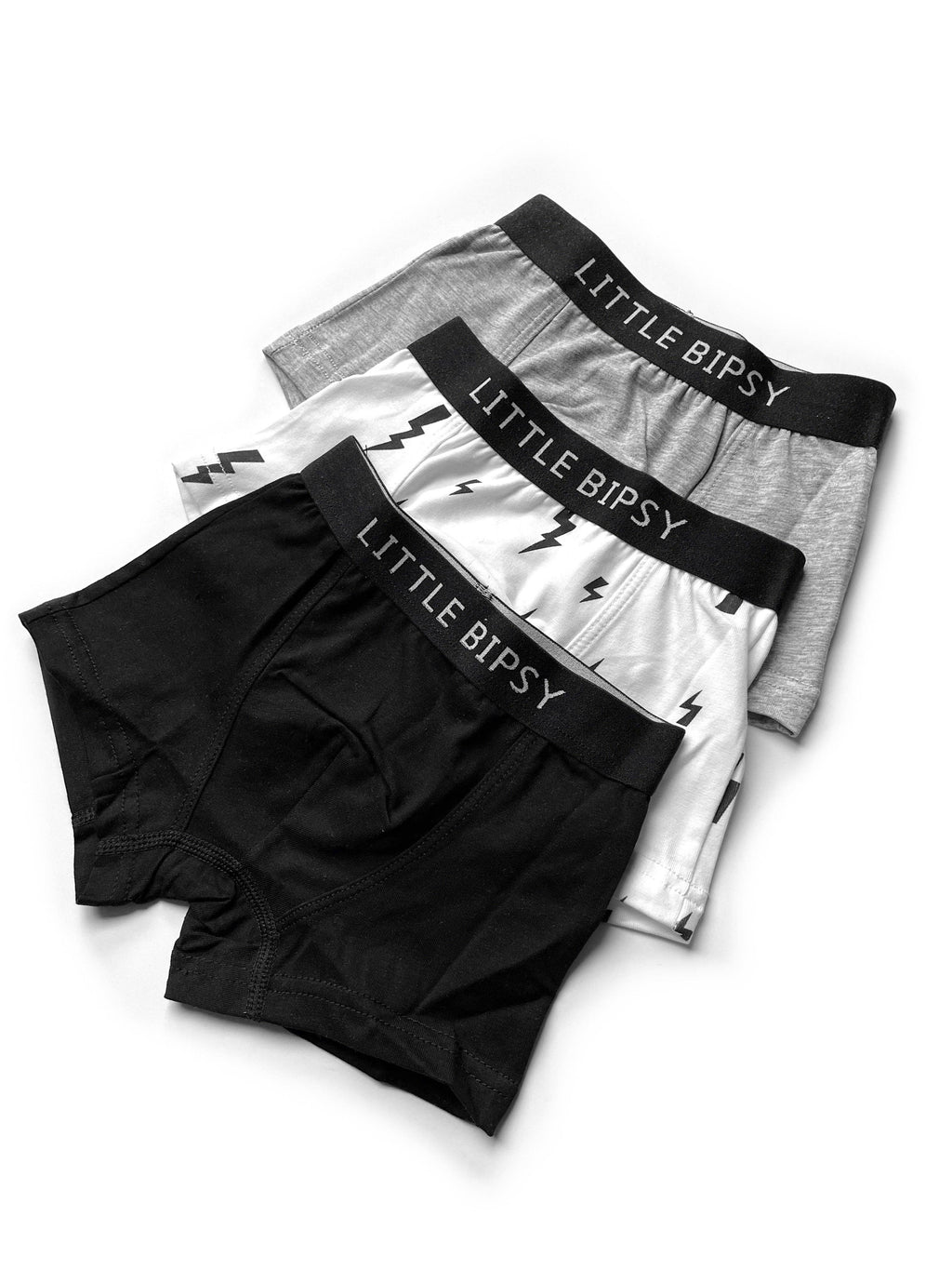 Little Bipsy Boxer Brief 3-Pack || Black, Grey & White Lightening Bolts