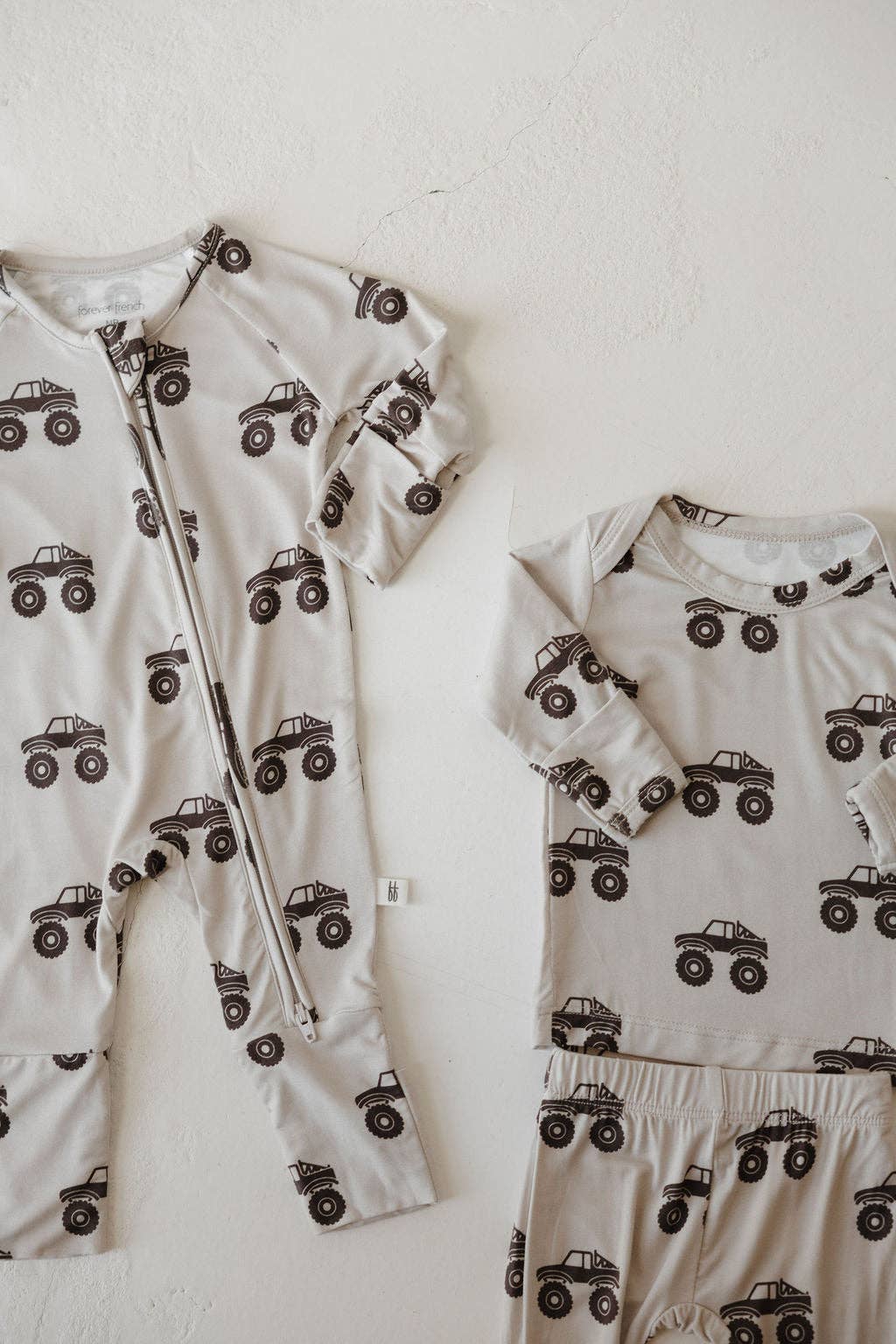 Forever French Baby Bamboo Zip Pajamas || Monster Truck