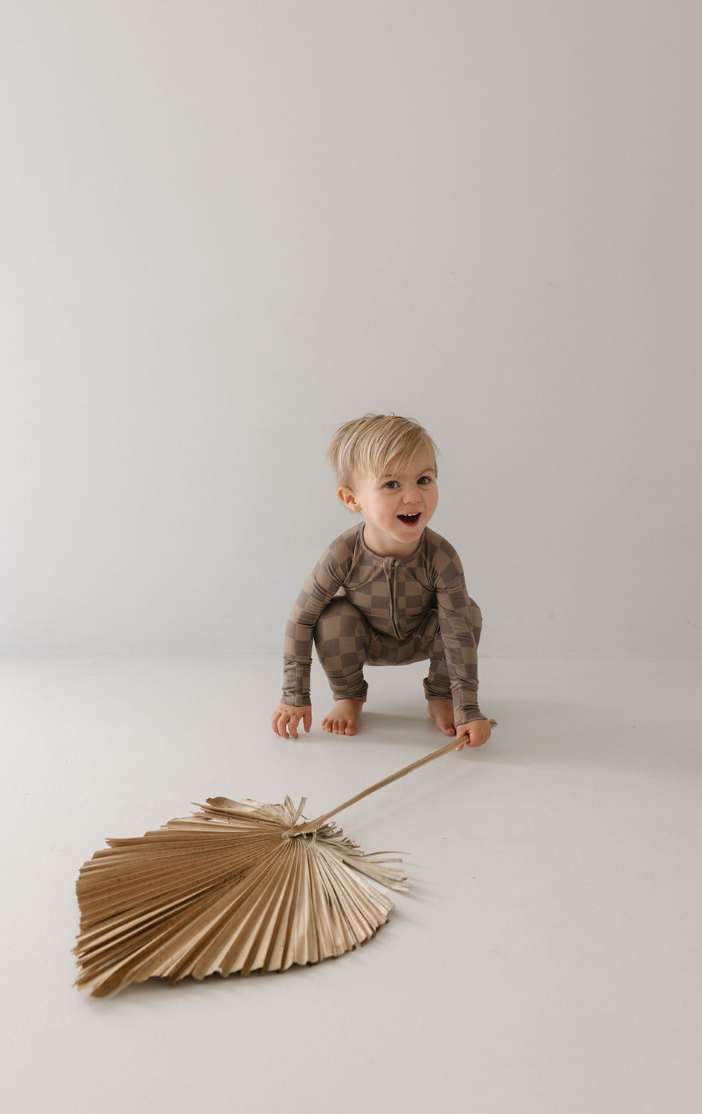 Forever French Baby Bamboo Zip Pajamas || Faded Brown Checkerboard