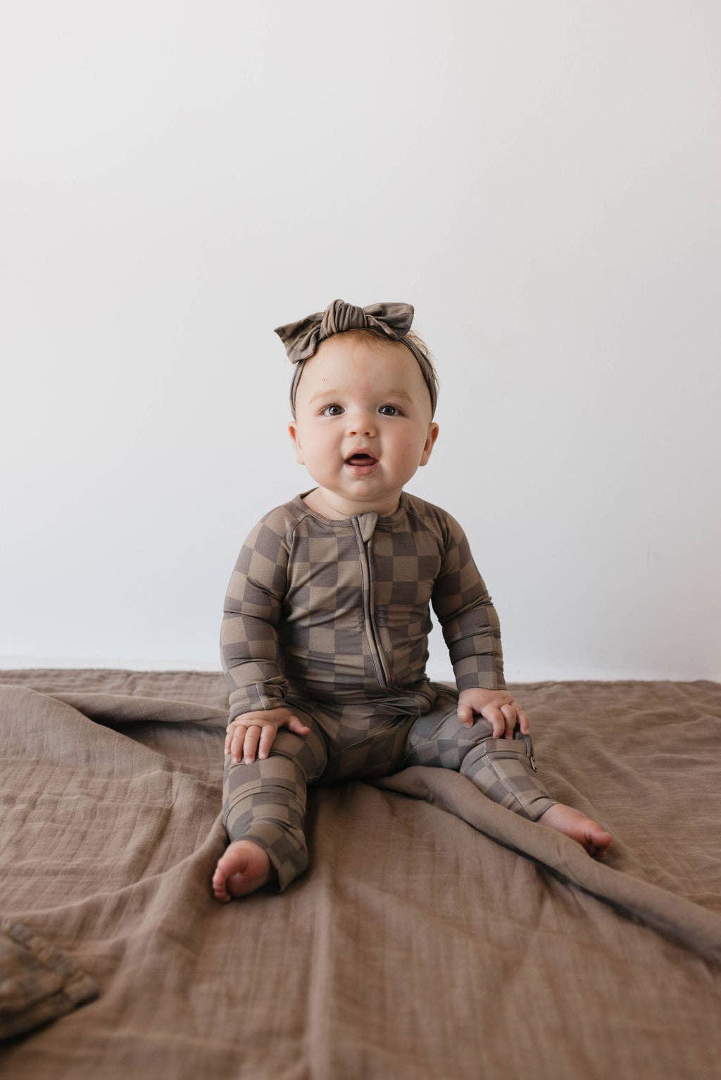 Forever French Baby Bamboo Zip Pajamas || Faded Brown Checkerboard