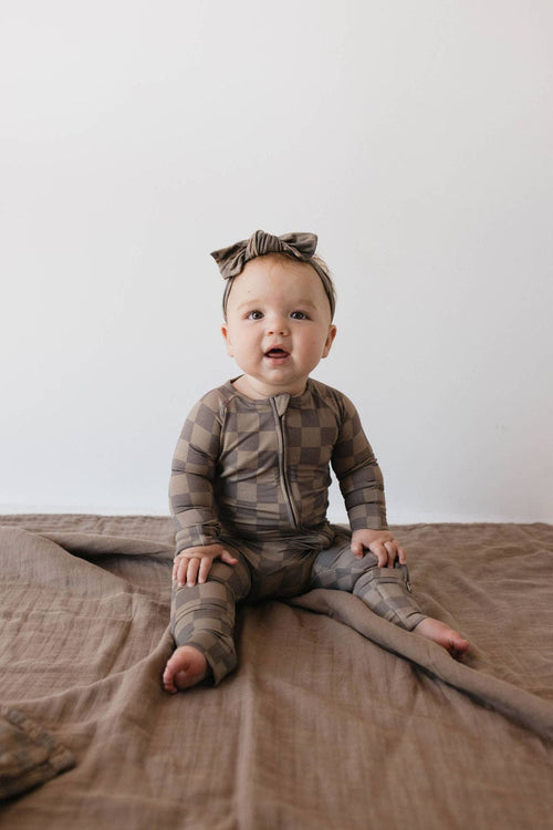 Forever French Baby Bamboo Zip Pajamas || Faded Brown Checkerboard