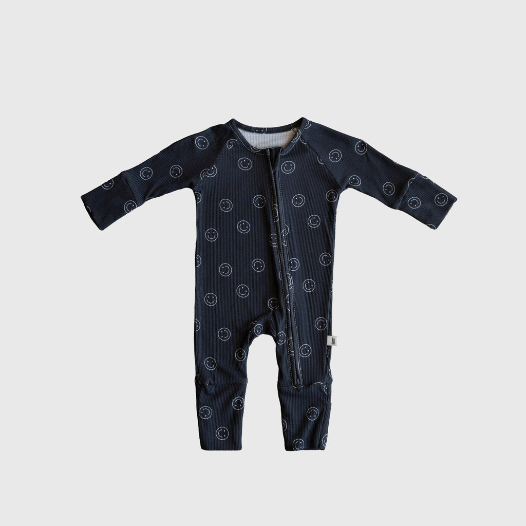 Forever French Baby Bamboo Zip Pajamas || Smiley Ribbed