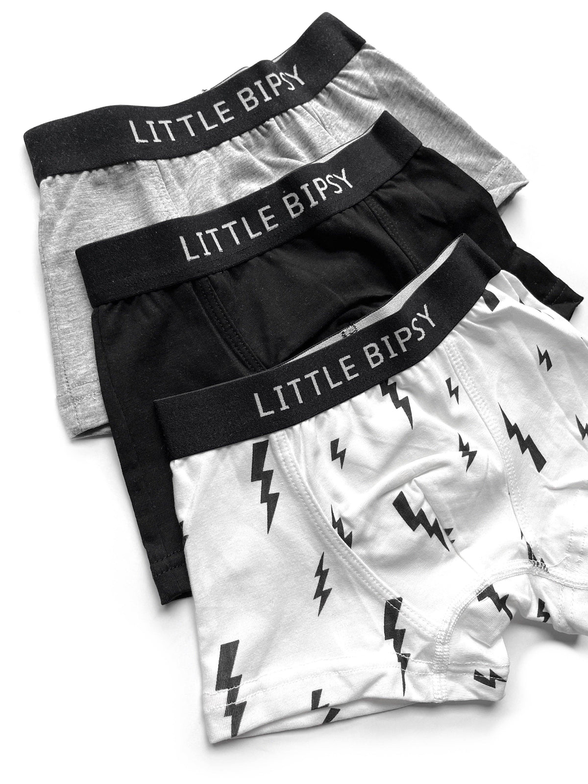 Little Bipsy Boxer Brief 3-Pack || Black, Grey & White Lightening Bolts