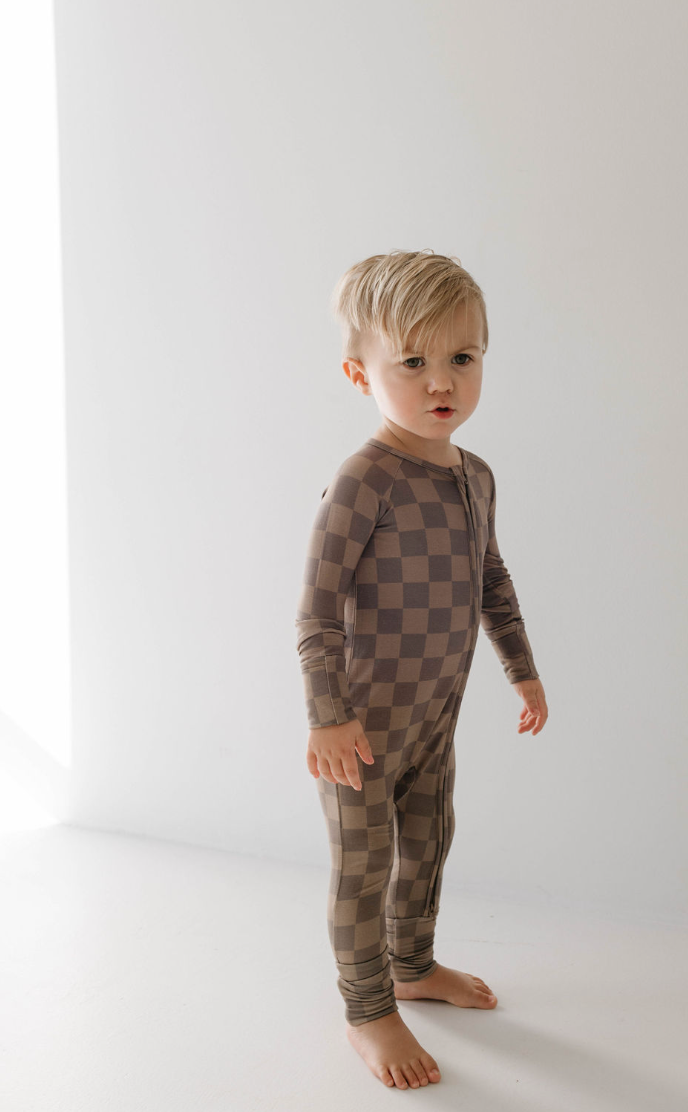 Forever French Baby Bamboo Zip Pajamas || Faded Brown Checkerboard