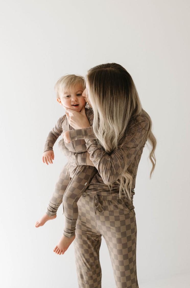 Forever French Baby Bamboo Zip Pajamas || Faded Brown Checkerboard