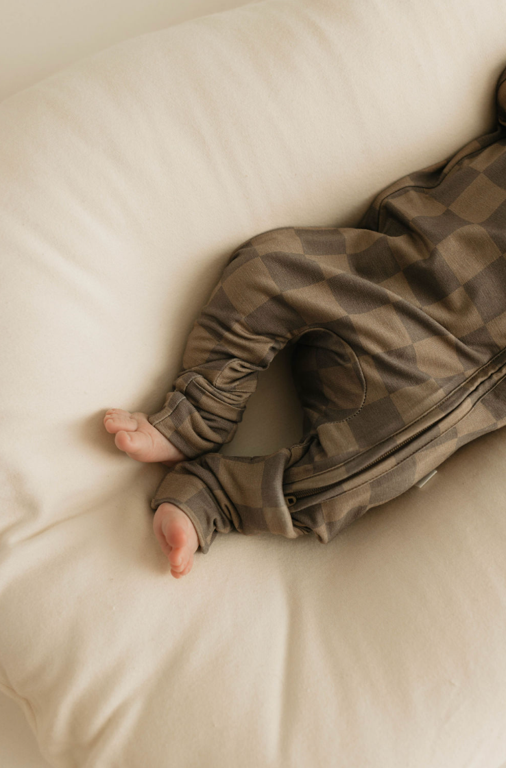 Forever French Baby Bamboo Zip Pajamas || Faded Brown Checkerboard