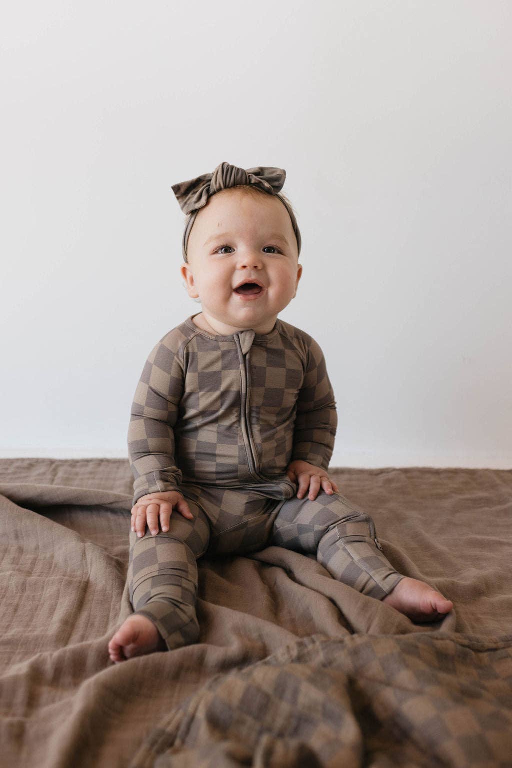 Forever French Baby Bamboo Zip Pajamas || Faded Brown Checkerboard