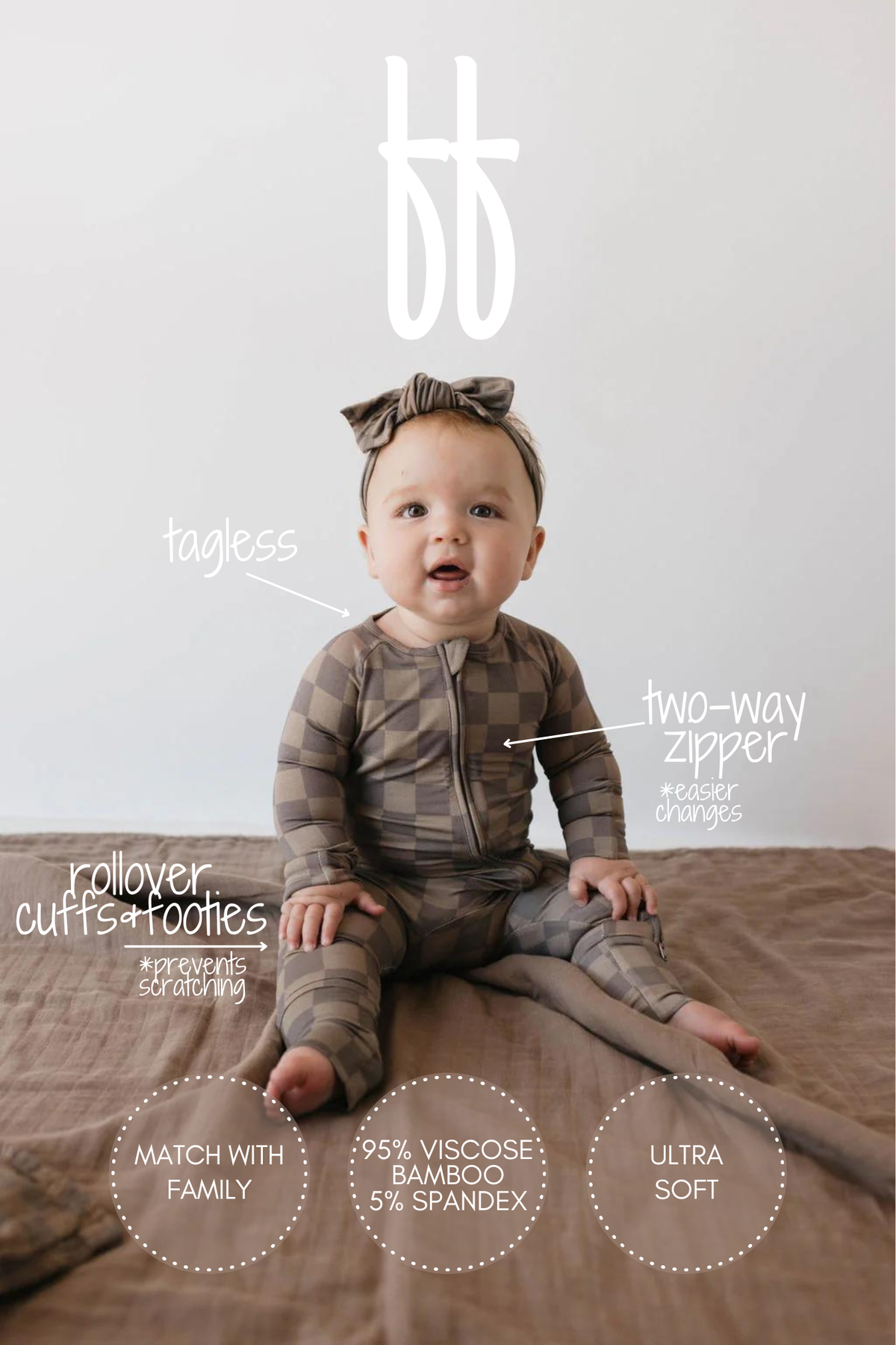 Forever French Baby Bamboo Zip Pajamas || Faded Brown Checkerboard