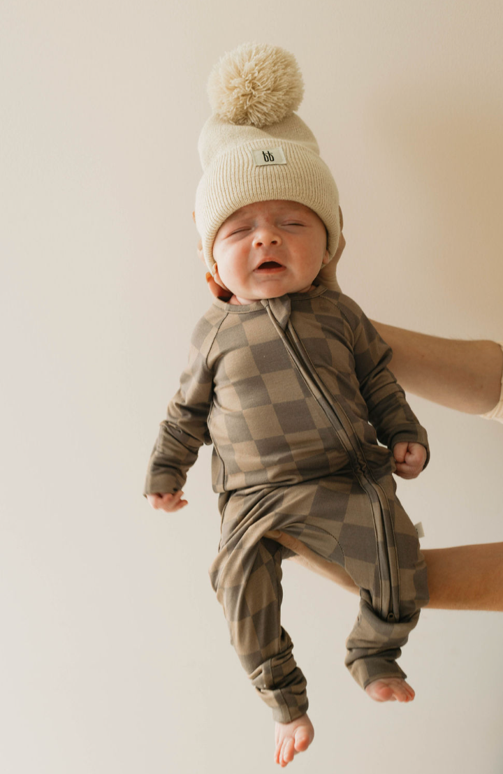 Forever French Baby Bamboo Zip Pajamas || Faded Brown Checkerboard