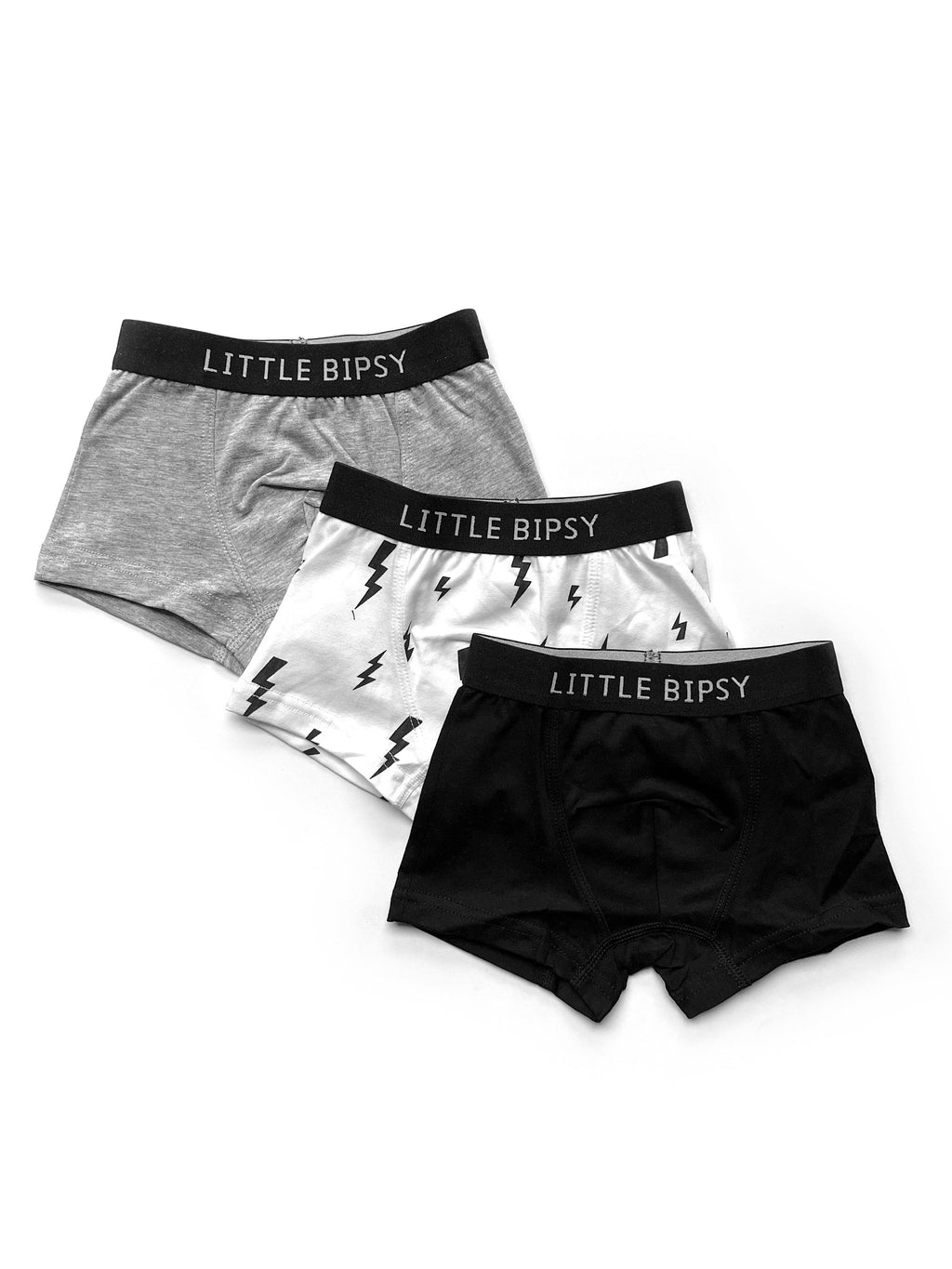 Little Bipsy Boxer Brief 3-Pack || Black, Grey & White Lightening Bolts