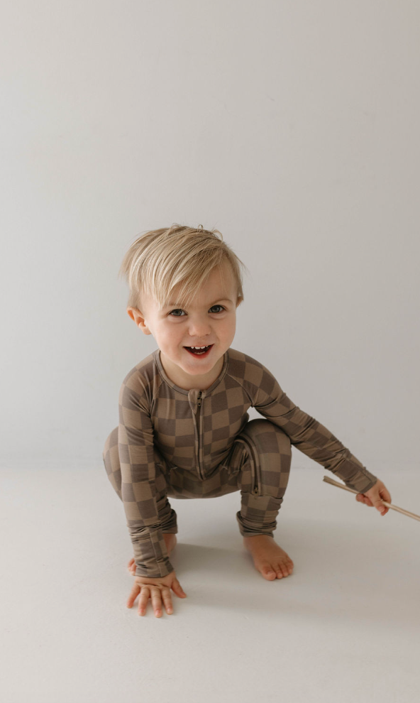Forever French Baby Bamboo Zip Pajamas || Faded Brown Checkerboard
