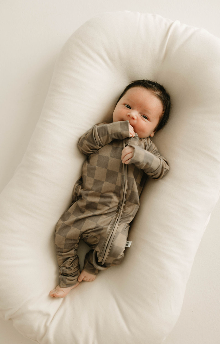 Forever French Baby Bamboo Zip Pajamas || Faded Brown Checkerboard